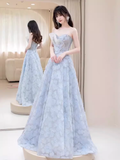Sexy A line Strapless Blue Lace Long Prom Dress HZ1024