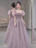 A line Square Neckline Puffy Sleeves Tulle Long Prom Dress HZ1024