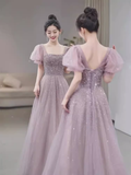 A line Square Neckline Puffy Sleeves Tulle Long Prom Dress HZ1024