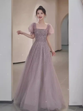 A line Square Neckline Puffy Sleeves Tulle Long Prom Dress HZ1024