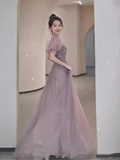 A line Square Neckline Puffy Sleeves Tulle Long Prom Dress HZ1024