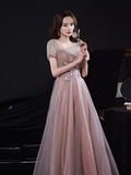 Simple A line Short Sleeves Pink Long Prom Dress HZ1024