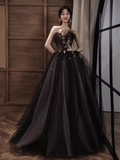 Simple A line Strapless Black Tulle Lace Long Prom Dress HZ1024