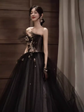 Simple A line Strapless Black Tulle Lace Long Prom Dress HZ1024