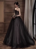 Simple A line Strapless Black Tulle Lace Long Prom Dress HZ1024