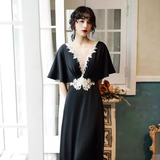 Vintage A line V Neckline Black Long Prom Dress HZ1024