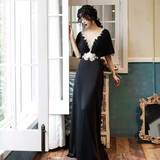 Vintage A line V Neckline Black Long Prom Dress HZ1024