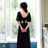 Vintage A line V Neckline Black Long Prom Dress HZ1024