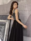Simple A line V Neckline Black Beads Long Prom Dress HZ1024