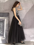 Simple A line V Neckline Black Beads Long Prom Dress HZ1024