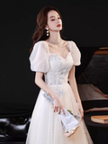 Cute A line Short Sleeves White Long Prom Dress HZ1024