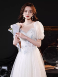 Cute A line Short Sleeves White Long Prom Dress HZ1024