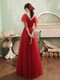 Vintage A line Short Sleeves Tulle Red Prom Dress HZ1024