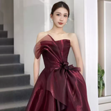 Elegant Ball Gown Strapless Burgundy Organza Long Prom Dress HZ1024