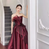 Elegant Ball Gown Strapless Burgundy Organza Long Prom Dress HZ1024