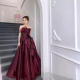 Elegant Ball Gown Strapless Burgundy Organza Long Prom Dress HZ1024