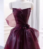 Elegant Ball Gown Strapless Burgundy Organza Long Prom Dress HZ1024