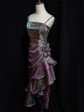 Vintage High Low Straps Grape Ruffles Prom Dresses HZ1024