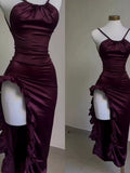 Vintage Mermaid Spaghetti Straps Custom Silk Satin Blue Long Prom Dresses HZ1024
