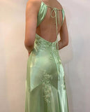 Chic Mermaid Spaghetti Straps Pink Satin Evening Dress Long Prom Dresses HZ1022