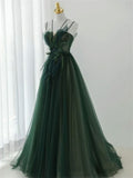 Ball Gown Spaghetti Straps Floor Length Dark Green Long Prom Dresses HZ1024