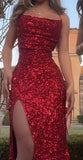 Pretty Sheath Spaghetti Straps Slit Red Sequin Prom Dresses Evening Dress HZ1024
