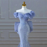 Sparkly Blue Prom Dresses With Bow Sequins Off The Shoulder Formal Party Dress HZ1024