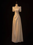 Vintage White Satin Short Sleeve Square Wedding Dress HZ1024