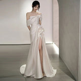 Vintage Off Shoulder Satin Wedding Dress White Mermaid Long Prom Dress with Slit HZ1024