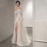 Vintage Off Shoulder Satin Wedding Dress White Mermaid Long Prom Dress with Slit HZ1024