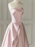 A-Line Satin Tulle Pink Long Prom Dress With Pearls HZ1024