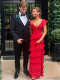 Sexy Sheath Lace Red Prom Dress Ruffles Party Dresses HZ1022