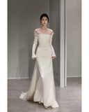 Elegant Mermaid Off shoulder Satin Long Sleeve Wedding Dress HZ1024