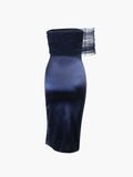 Elegant Sheath Off The Shoulder Tulle Navy Blue Slit Prom Dresses Evening Dress HZ1024