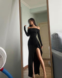 Simple Sheath Off The Shoulder Black Long Prom Dresses Evening Dress With Slit HZ1024