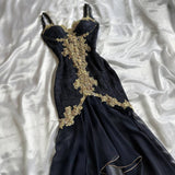 Elegant High Low Straps Black Chiffon Lace Prom Dresses Ruffles Evening Dress HZ1024